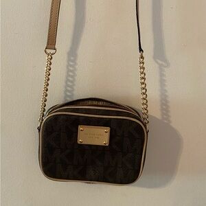 Michael Kors Brown Leather Crossbody Bag with Gold Chain